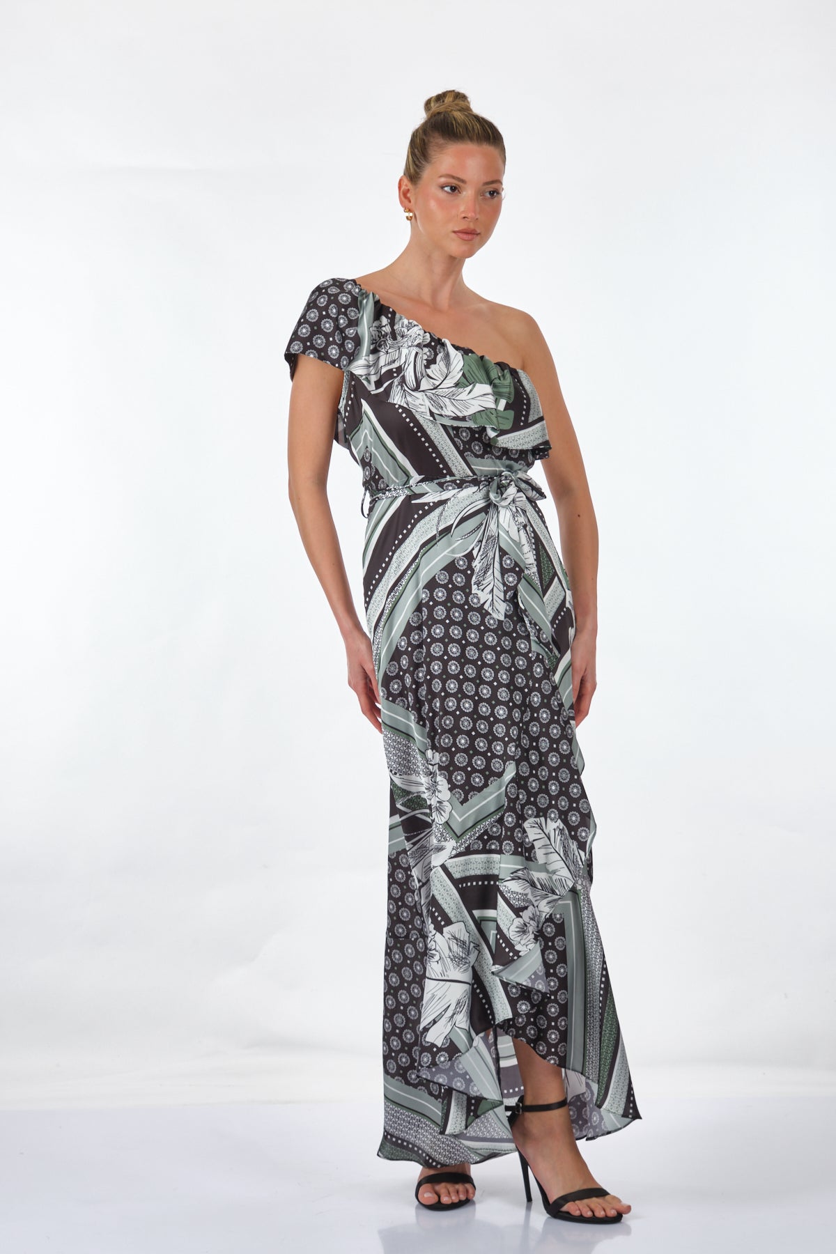 Ysatis Tek Omuz Midi Desenli Saten Elbise - Bohemian Stil Translation missing: tr.content.product_image_secondary