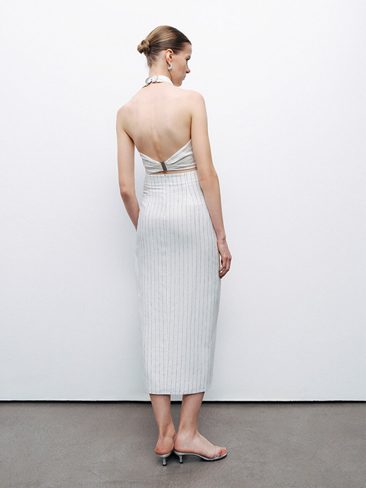 Metal Aksesuarlı Çizgili Keten Midi Etek Nocturne