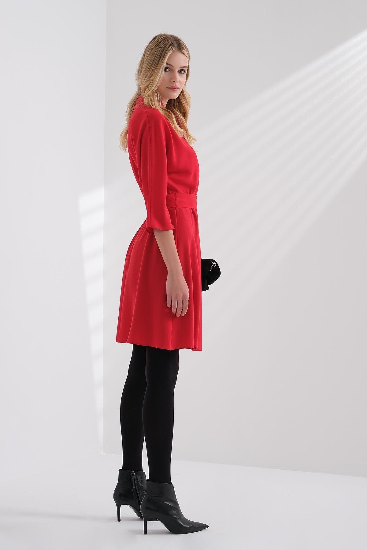 Explosion Minimalist Midi Abiye Elbise - 3/4 Kol, Kemerli, Günlük & Ofis