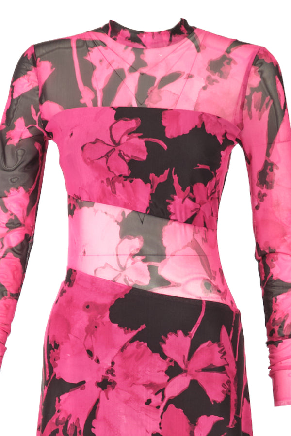 Explosion Uzun Kol Midi Şeffaf Elbise - Çiçek Desenli - Bohemian Stil