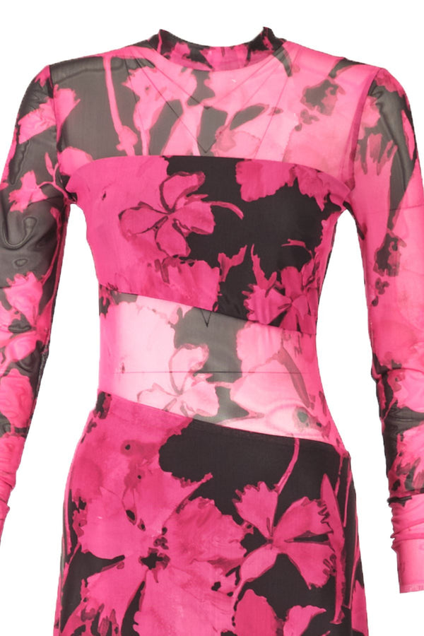 Explosion Uzun Kol Midi Şeffaf Elbise - Çiçek Desenli - Bohemian Stil