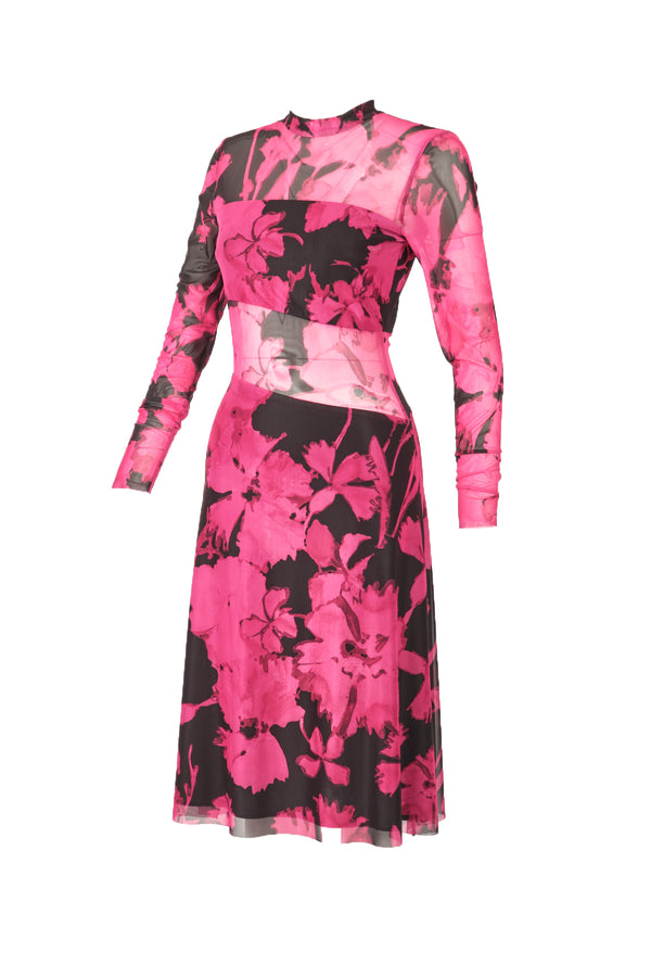 Explosion Uzun Kol Midi Şeffaf Elbise - Çiçek Desenli - Bohemian Stil