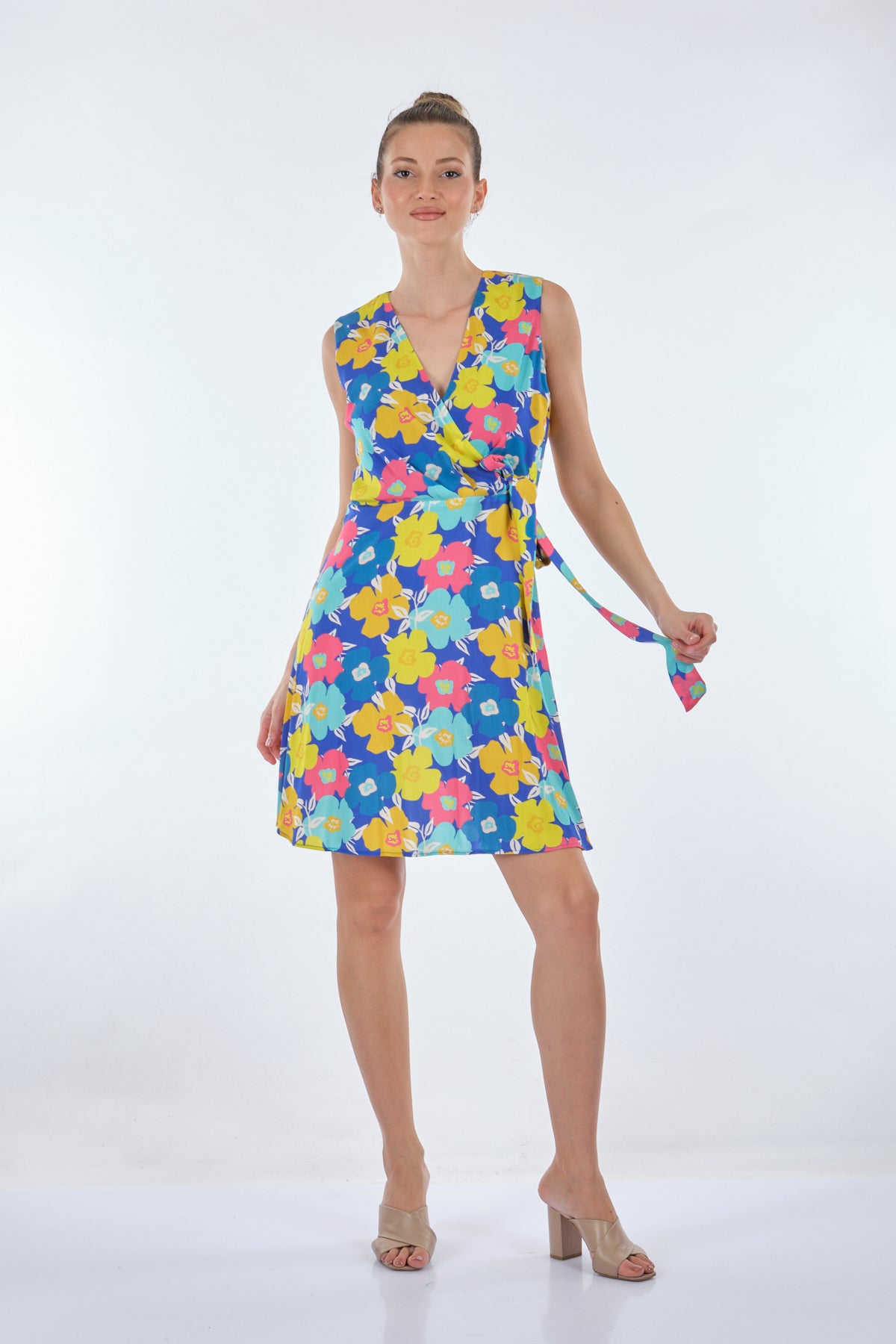 Explosion V Yaka Kolsuz Çiçek Desenli Midi Elbise - Günlük & Parti