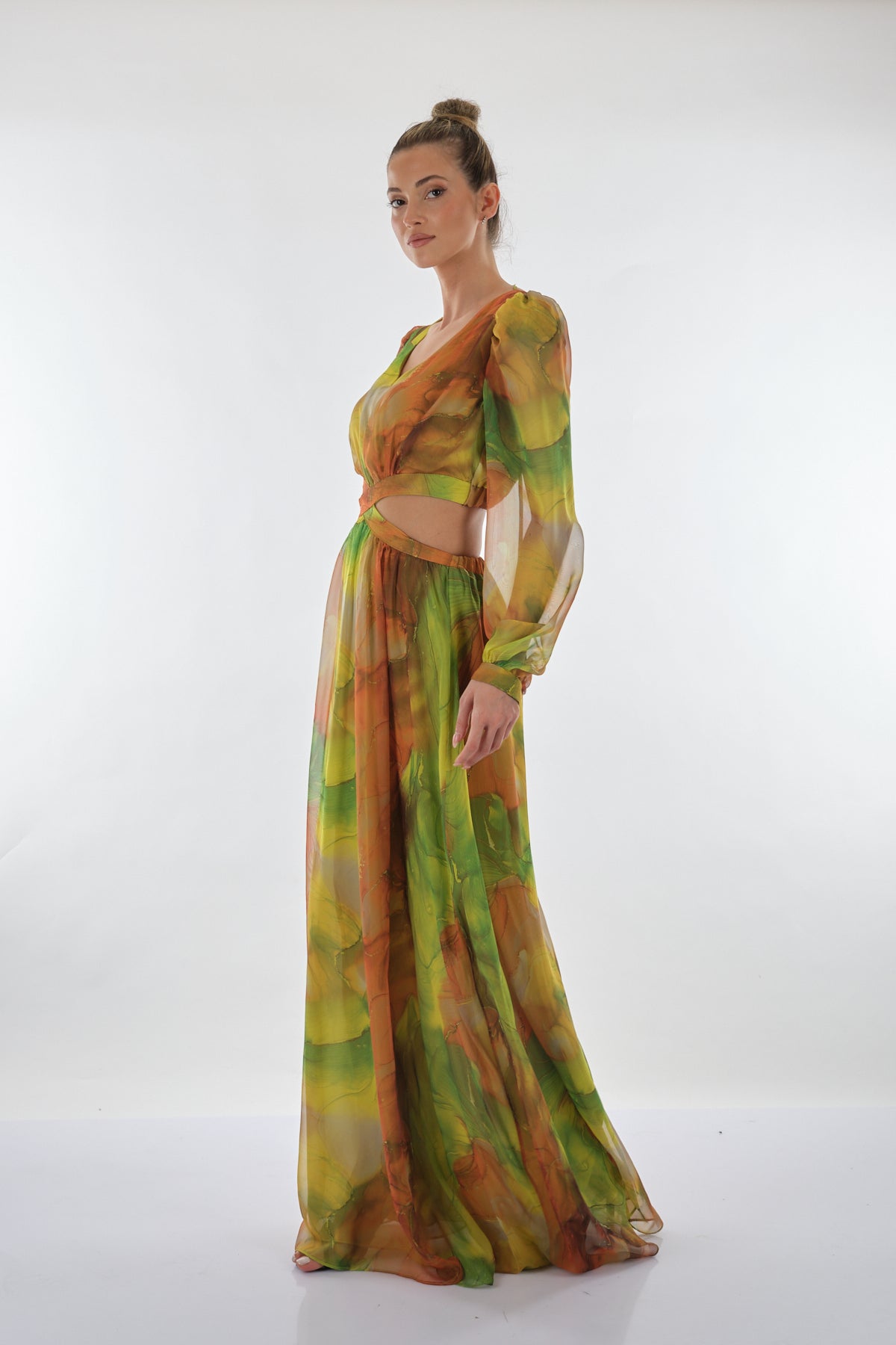 Explosion V Yaka Uzun Kol Maxi Şifon Elbise - Bohemian Stil
