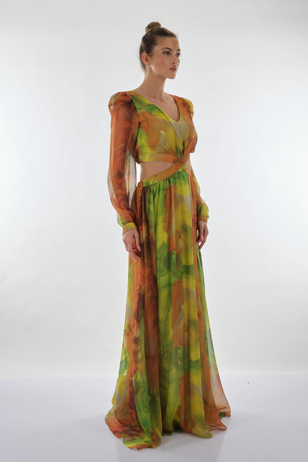 Explosion V Yaka Uzun Kol Maxi Şifon Elbise - Bohemian Stil