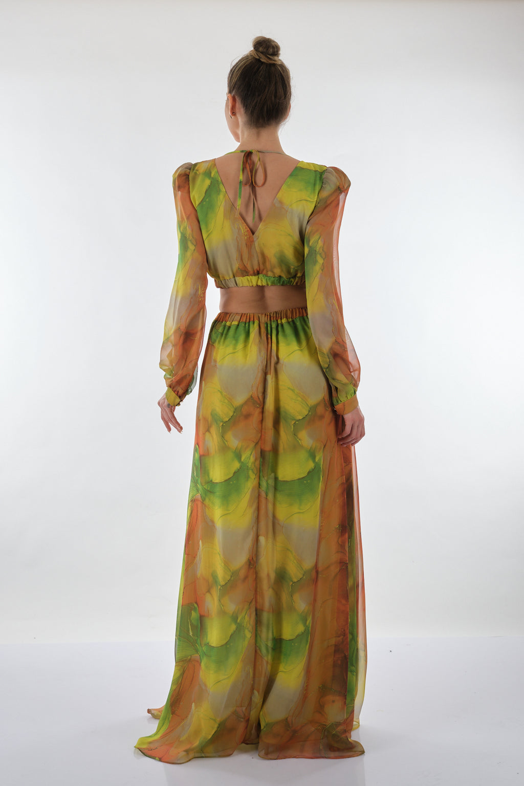 Explosion V Yaka Uzun Kol Maxi Şifon Elbise - Bohemian Stil