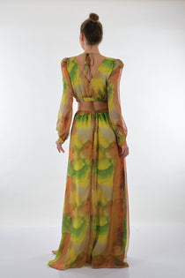 Explosion V Yaka Uzun Kol Maxi Şifon Elbise - Bohemian Stil