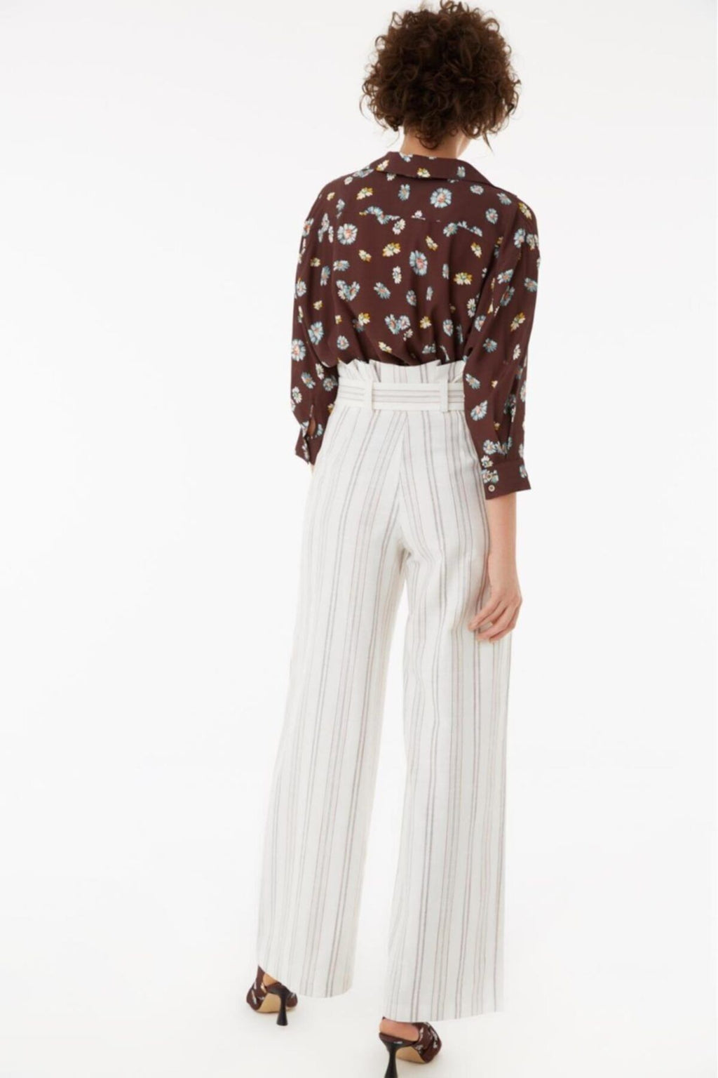 Exquise Yüksek Bel Geniş Paça Çizgili Keten Pantolon - Minimalist Stil