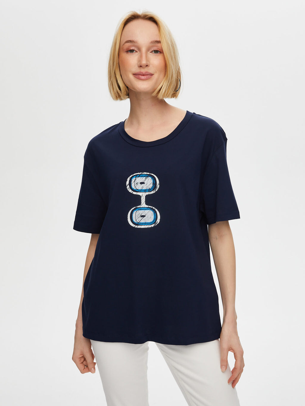 Faik Sönmez Kadın Önü Nazar Boncuğu Baskılı Yuvarlak Yaka Pamuklu T-Shirt