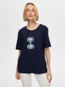 Faik Sönmez Kadın Önü Nazar Boncuğu Baskılı Yuvarlak Yaka Pamuklu T-Shirt