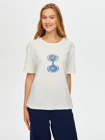 Faik Sönmez Kadın Önü Nazar Boncuğu Baskılı Yuvarlak Yaka Pamuklu T-Shirt