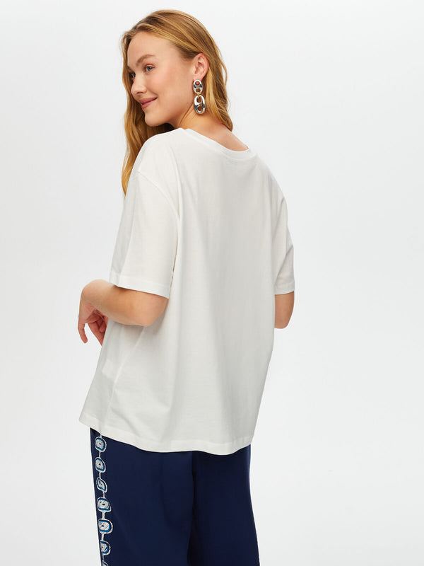 Faik Sönmez Kadın Önü Nazar Boncuğu Baskılı Yuvarlak Yaka Pamuklu T-Shirt