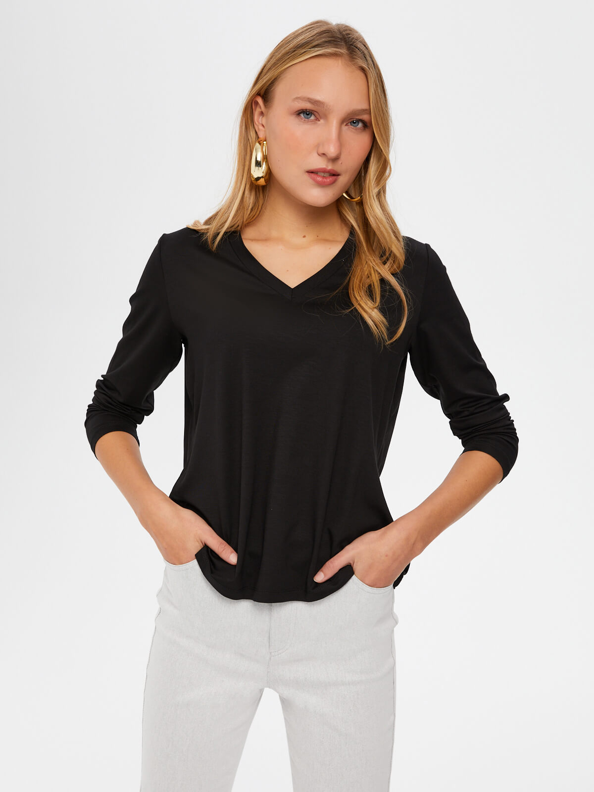 Faik Sönmez Kadın Oversize V Yaka Uzun Kol Minimalist T-Shirt