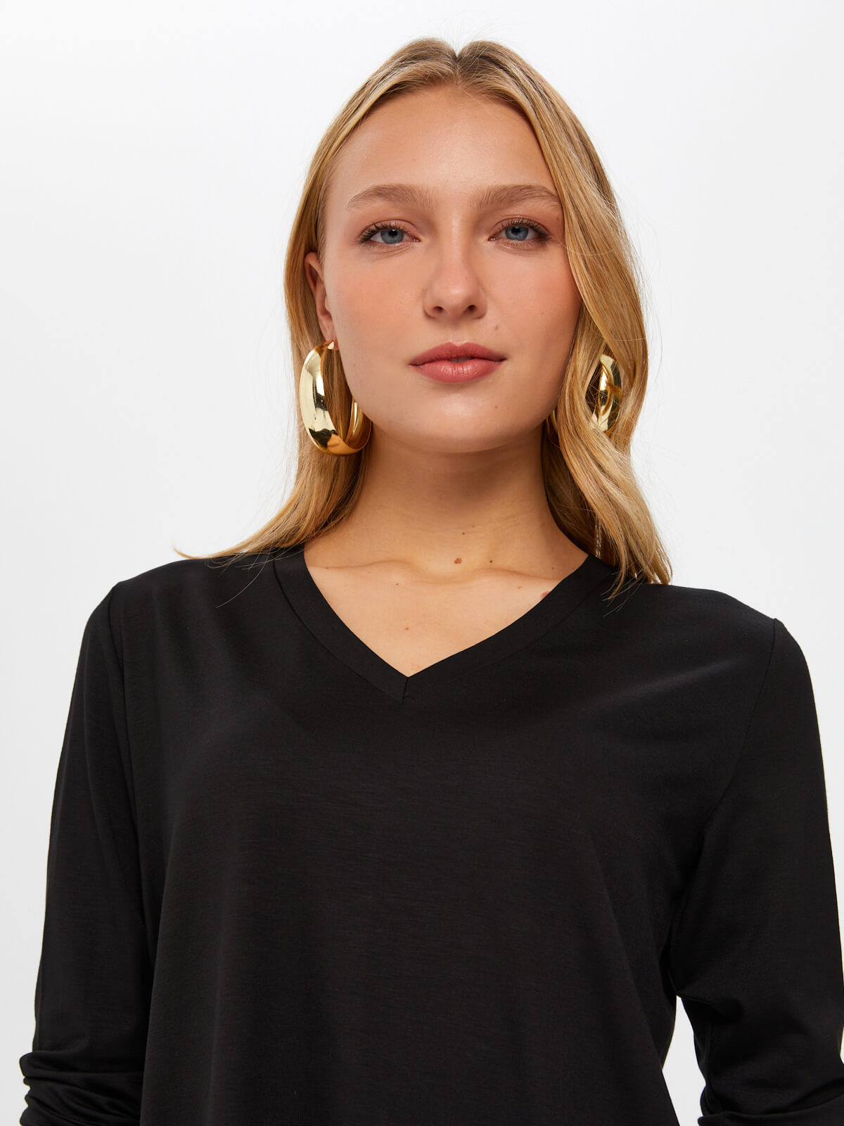 Faik Sönmez Kadın Oversize V Yaka Uzun Kol Minimalist T-Shirt