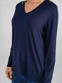 Faik Sönmez Kadın Oversize V Yaka Uzun Kol Minimalist T-Shirt