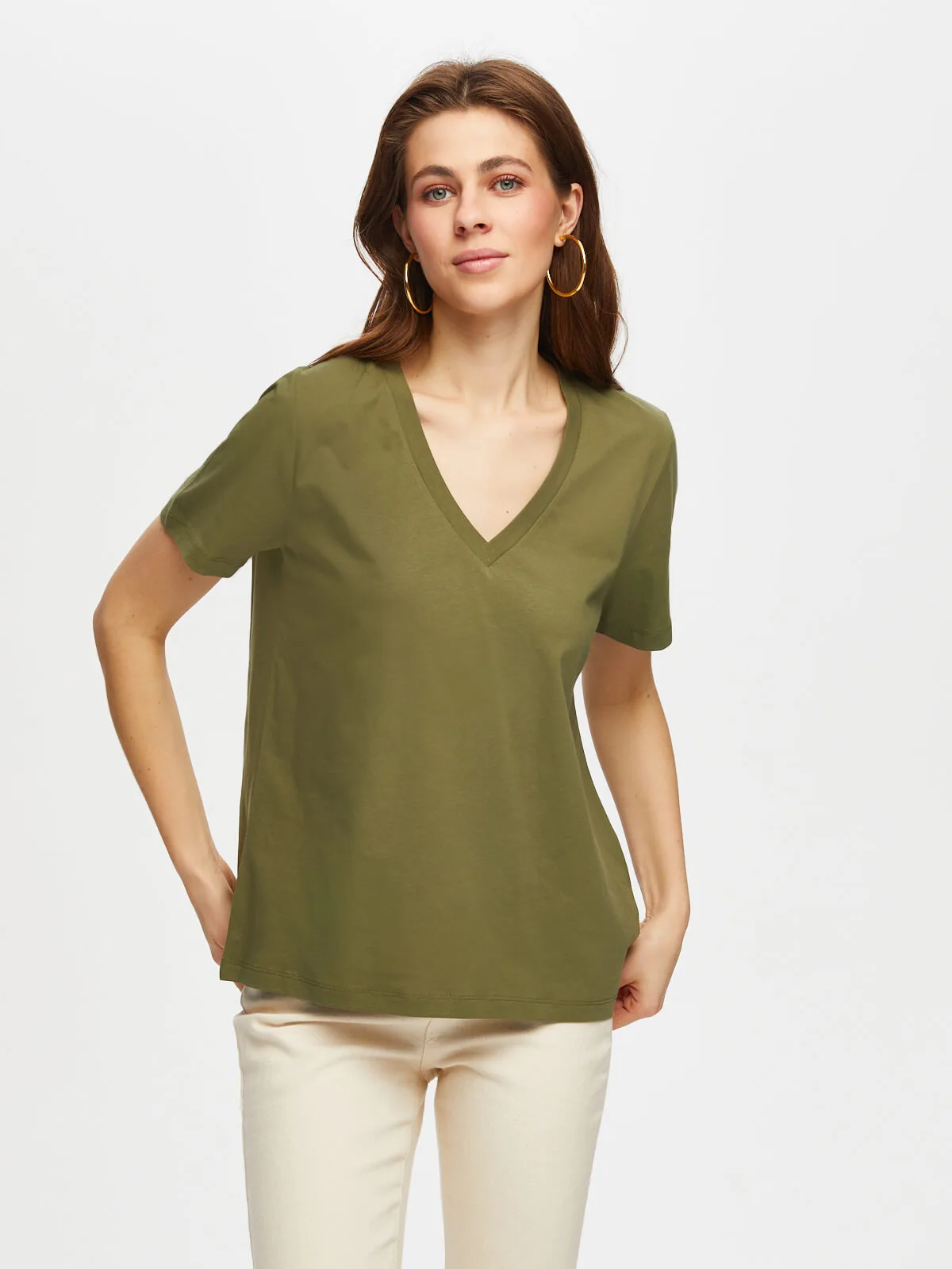 Faik Sönmez Oversize V Yaka Kısa Kol Kadın T-Shirt - Günlük Stil