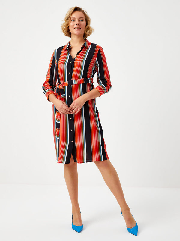 Faik Sönmez Midi Gömlek Elbise - Çizgili Desen - Minimalist Stil