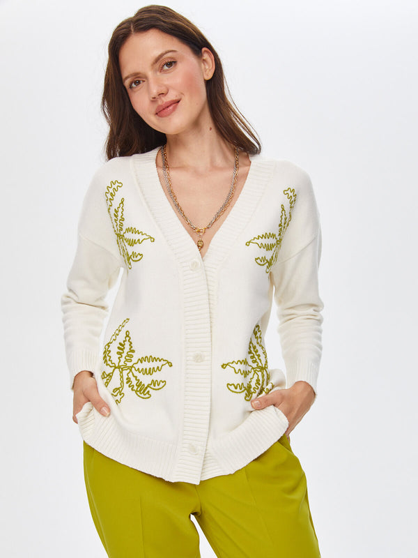 Faik Sönmez Nakışlı Oversize V Yaka Kadın Hırkası - Günlük Stil