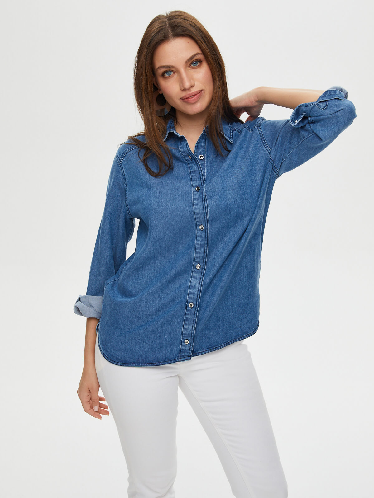 Faik Sönmez Oversize Denim Gömlek - Uzun Kol Minimalist Tarz Kadın Translation missing: tr.content.product_image_secondary