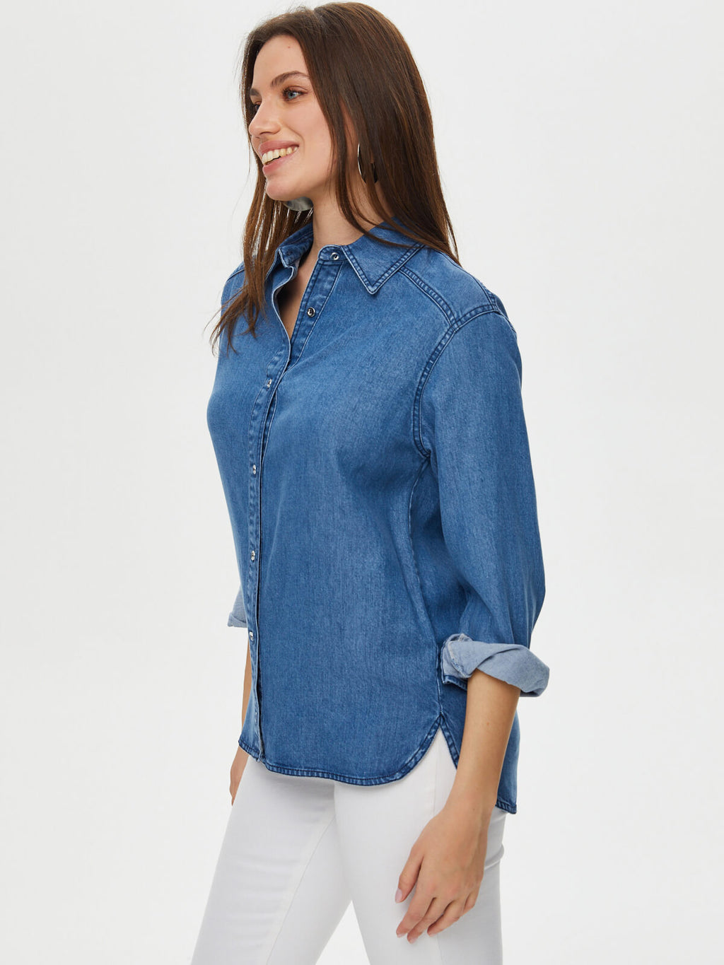 Faik Sönmez Oversize Denim Gömlek - Uzun Kol Minimalist Tarz Kadın