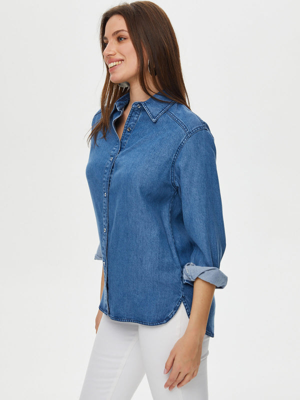 Faik Sönmez Oversize Denim Gömlek - Uzun Kol Minimalist Tarz Kadın