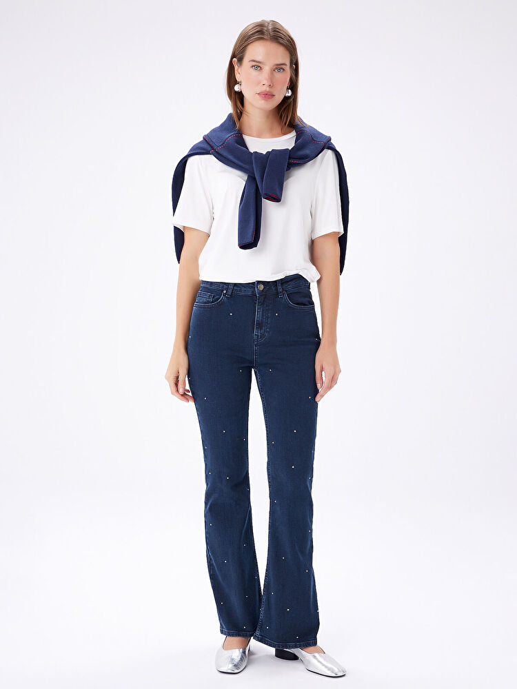 Faik Sönmez Straight Fit Taşlı Jean Pantolon W27JPN006