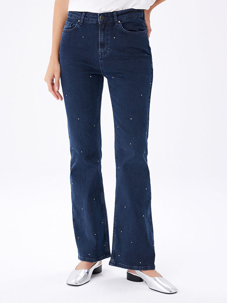 Faik Sönmez Straight Fit Taşlı Jean Pantolon W27JPN006