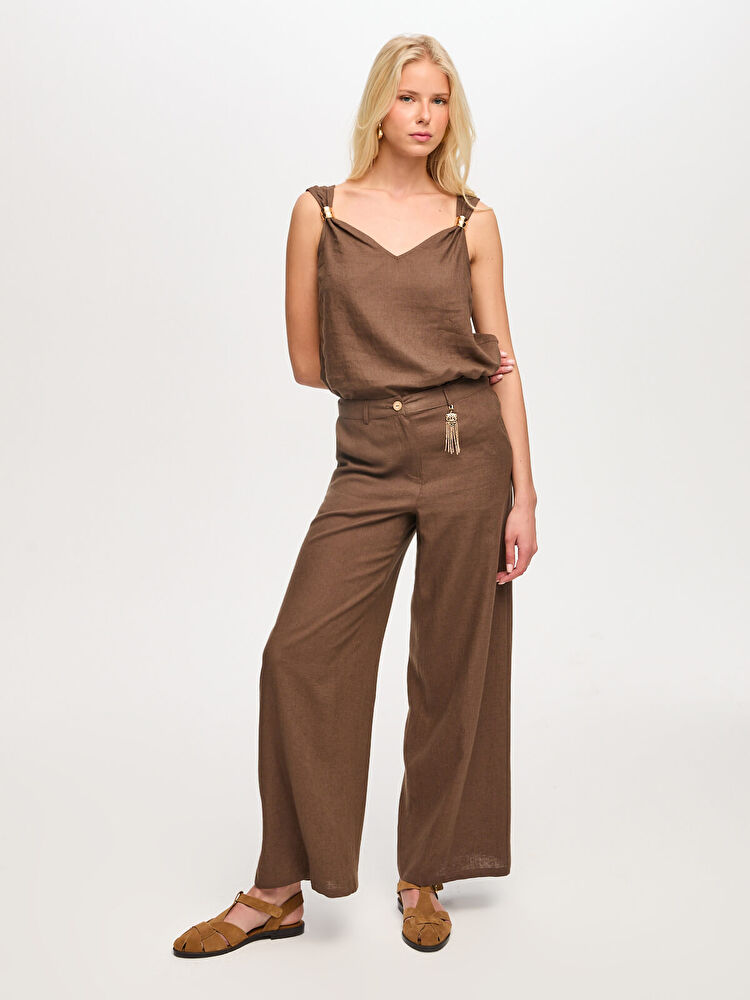 Faik Sönmez Wide Leg Fit Metal Aksesuarlı Keten Karışımlı Pantolon US26PNT034