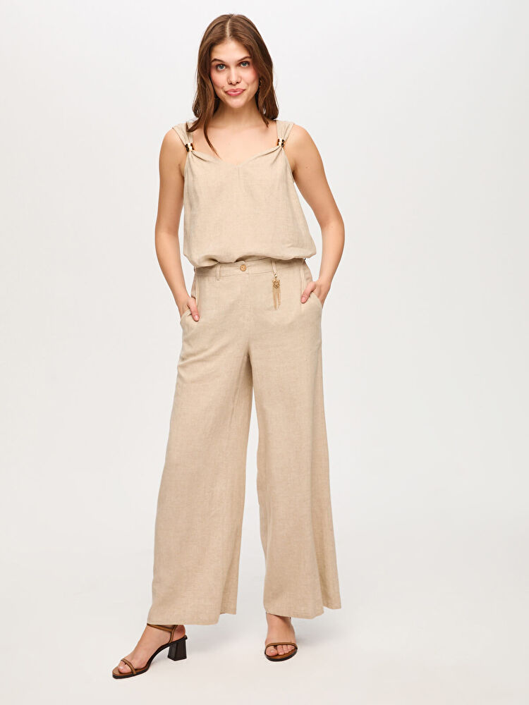 Faik Sönmez Wide Leg Fit Metal Aksesuarlı Keten Karışımlı Pantolon US26PNT034