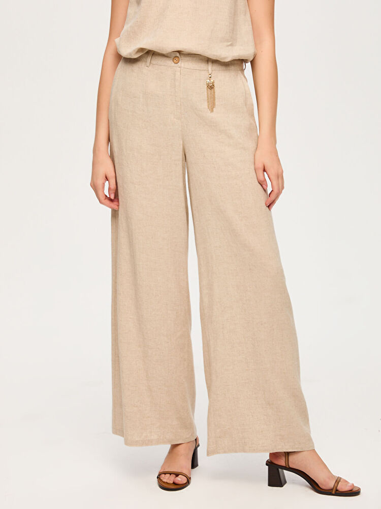 Faik Sönmez Wide Leg Fit Metal Aksesuarlı Keten Karışımlı Pantolon US26PNT034