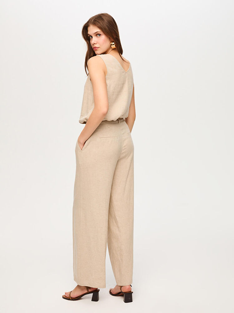 Faik Sönmez Wide Leg Fit Metal Aksesuarlı Keten Karışımlı Pantolon US26PNT034