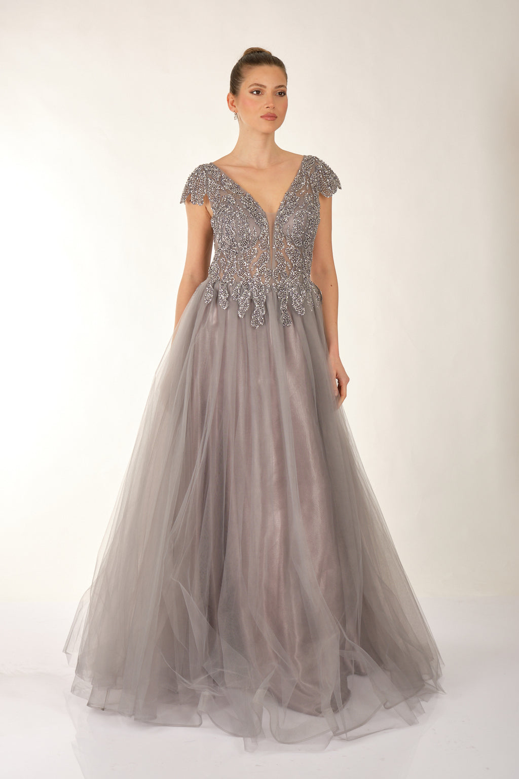 Favore Pullu Detaylı V Yaka Kısa Kol Maxi Abiye Elbise - Özel Günler İçin