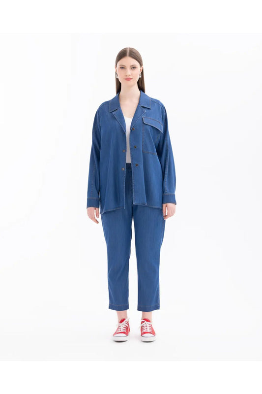 Gala-xi Büyük Beden Ceket Yaka ÇıtÇıtlı Cepli Denim Kumaş Kadın Ceket 14242107501018
