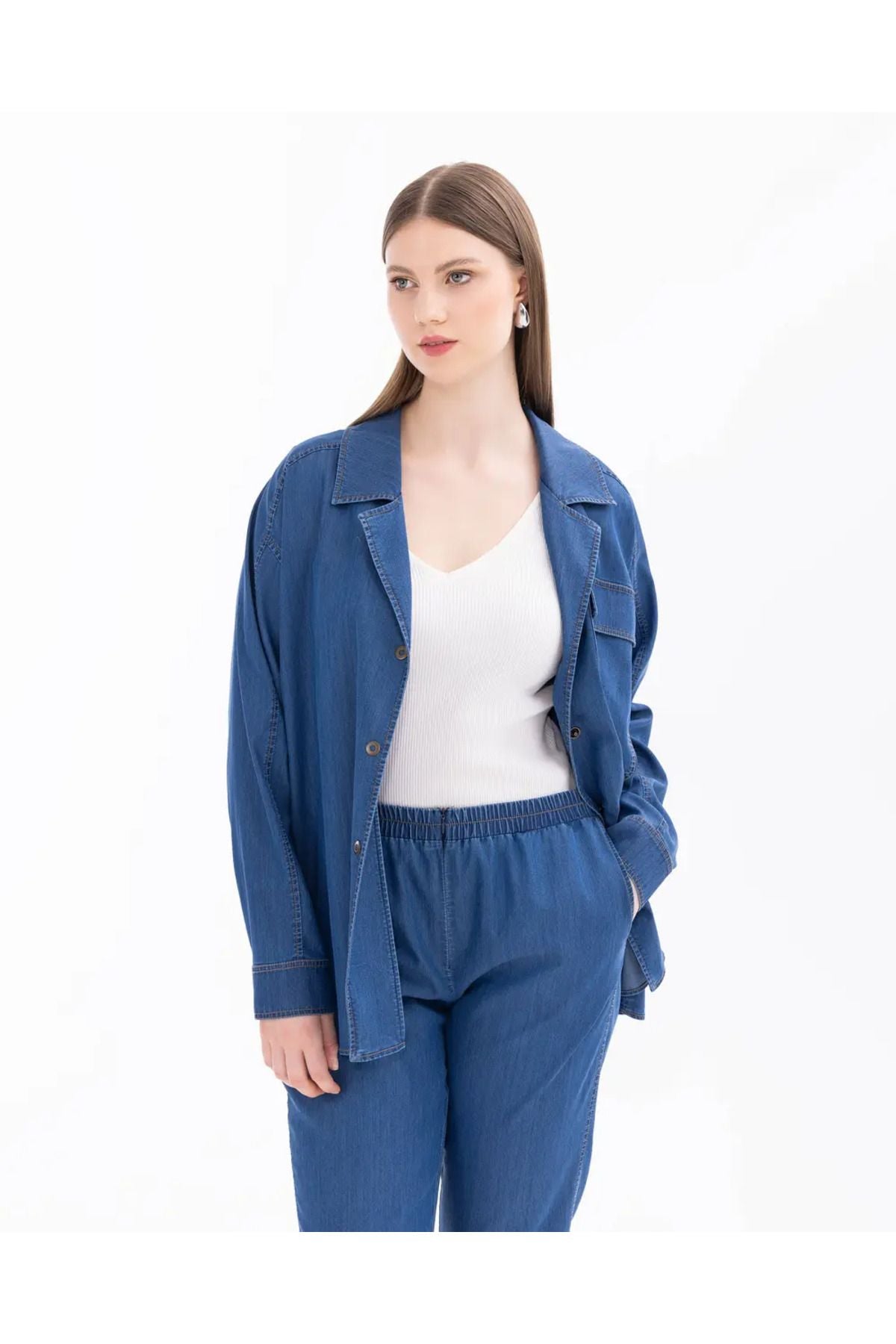 Gala-xi Büyük Beden Ceket Yaka ÇıtÇıtlı Cepli Denim Kumaş Kadın Ceket 14242107501018