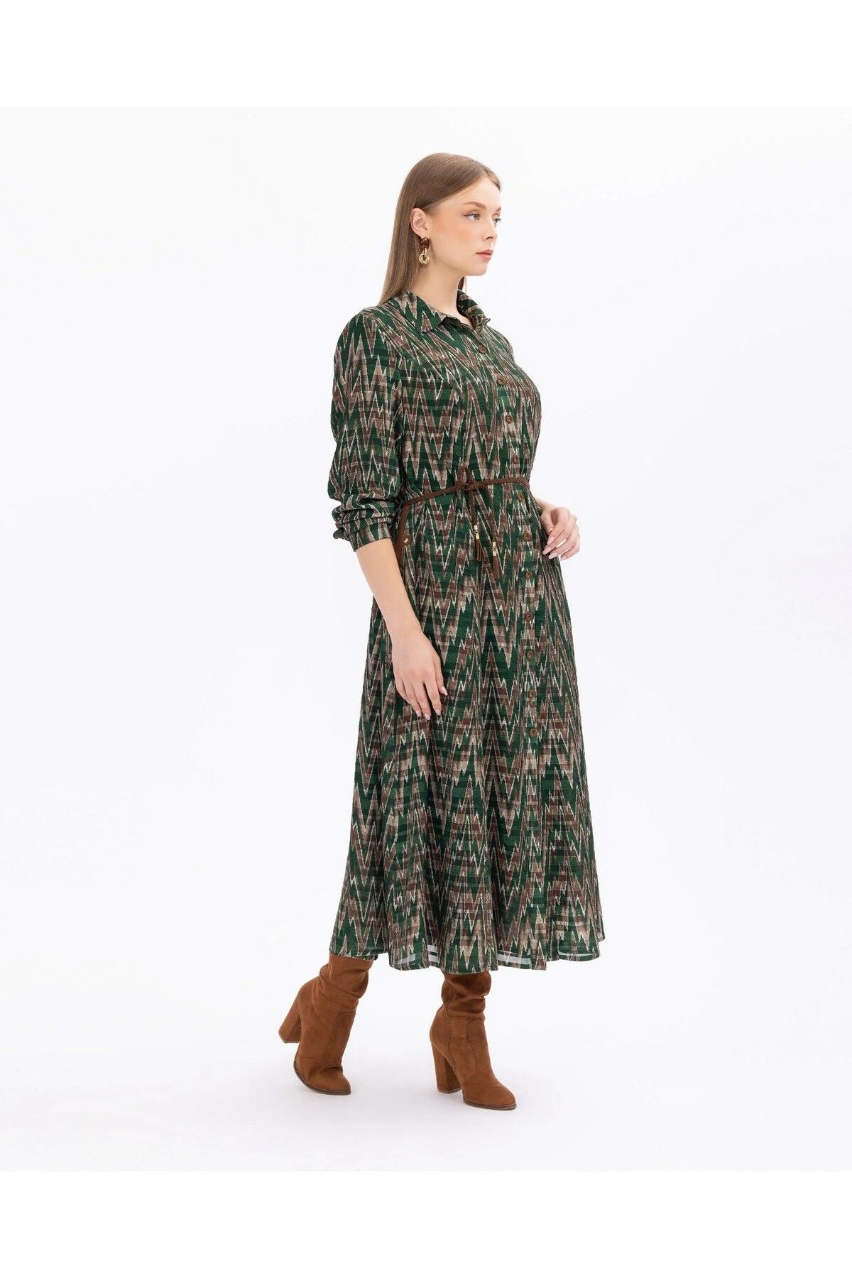 Gala-xi Büyük beden Desenli Uzun Kollu Boydan Düğmeli Uzun Kışlık Kadın Elbise 2321001078