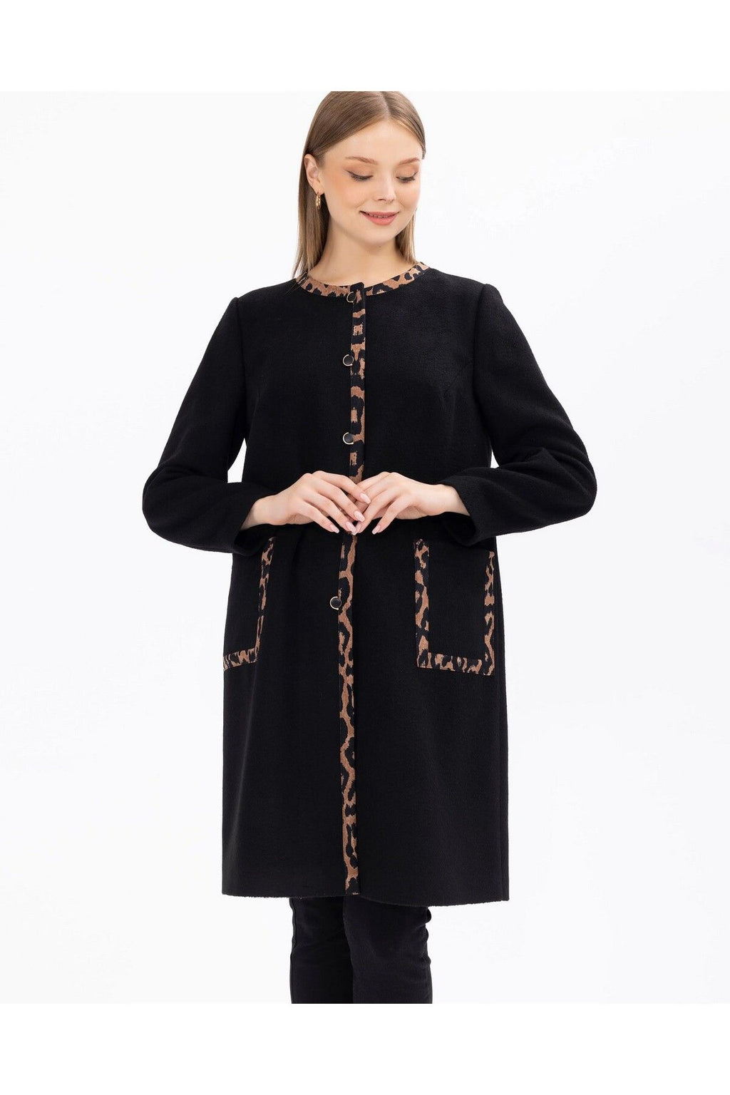 Gala-xi Minimalist Leopar Detaylı Uzun Kadın Kaban - Sonbahar Kış