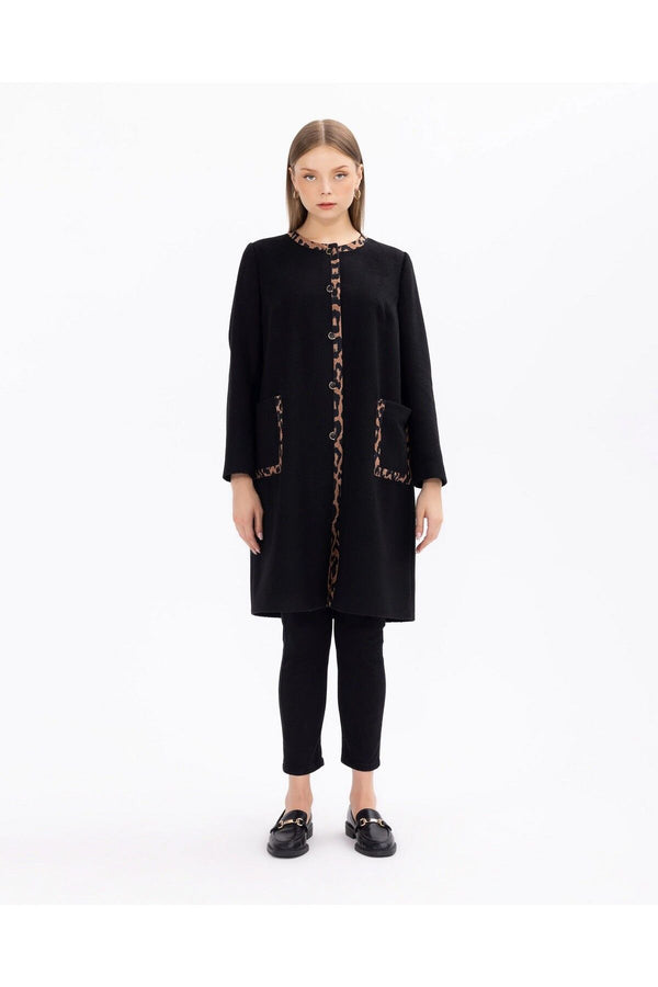 Gala-xi Minimalist Leopar Detaylı Uzun Kadın Kaban - Sonbahar Kış