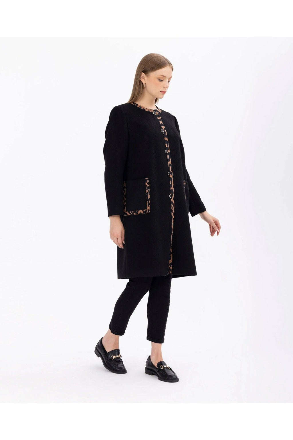 Gala-xi Minimalist Leopar Detaylı Uzun Kadın Kaban - Sonbahar Kış