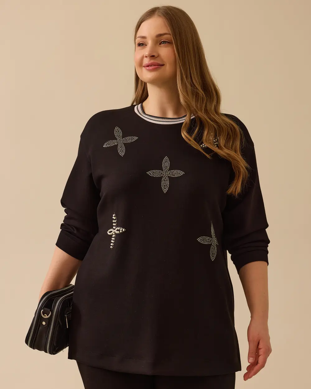 Gala-xi Kadın Büyük Beden Taş Detaylı Sweatshirt 10002512314002