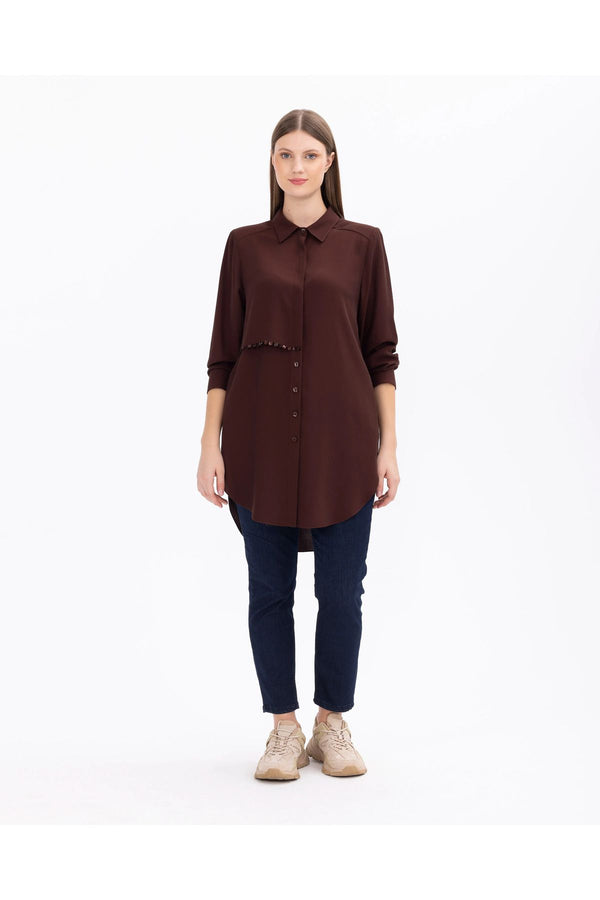 Gala-xi Minimalist Oversize Gömlek Yaka Midi Kadın Tunik - Günlük