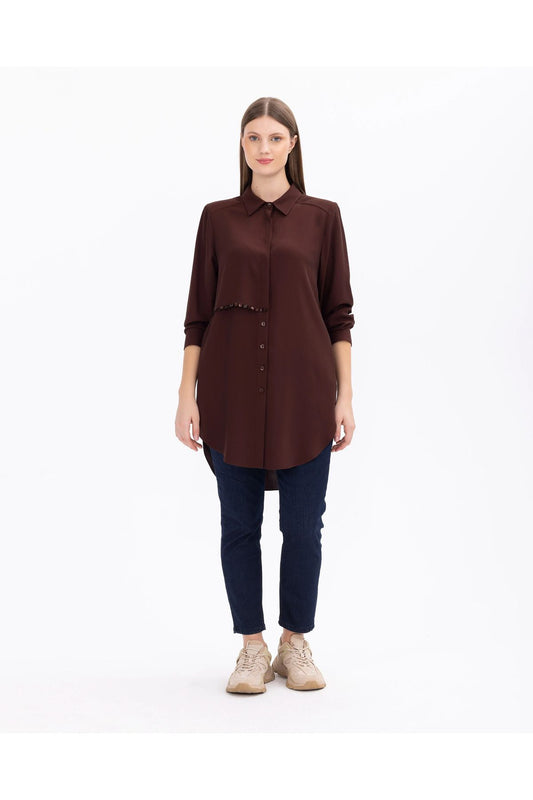 Gala-xi Minimalist Oversize Gömlek Yaka Midi Kadın Tunik - Günlük