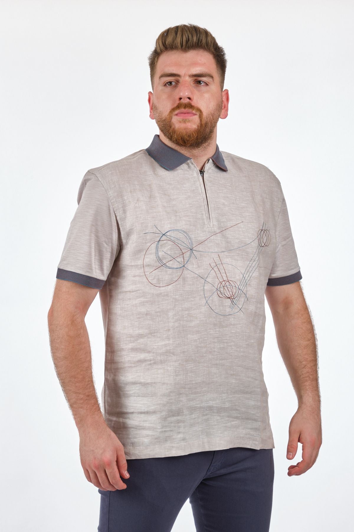 Gallus Minimalist Keten Erkek T-Shirt - Kısa Kol Yarım Fermuar