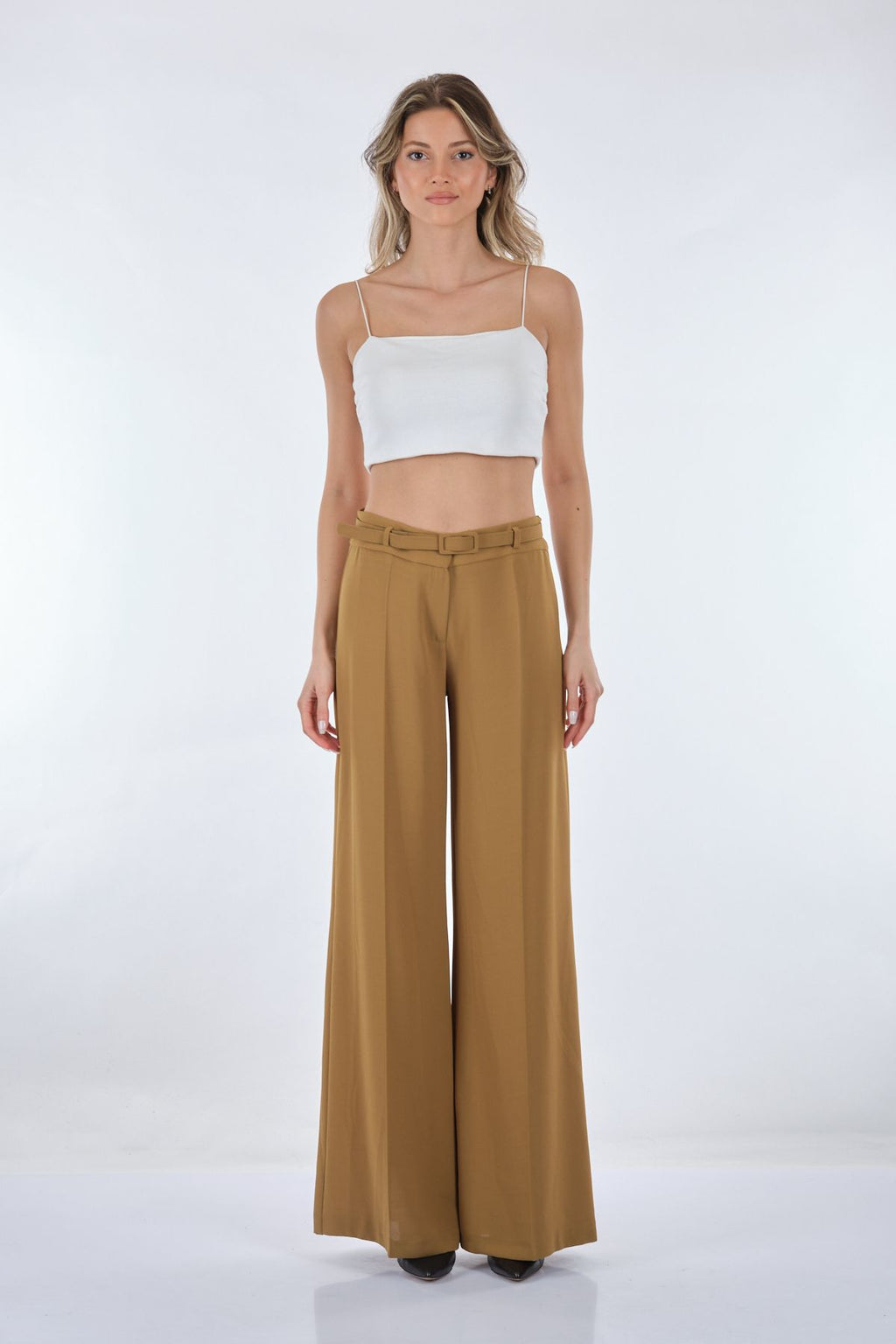 Garni Minimalist Geniş Paça Kadın Pantolon - Yüksek Bel - Trend