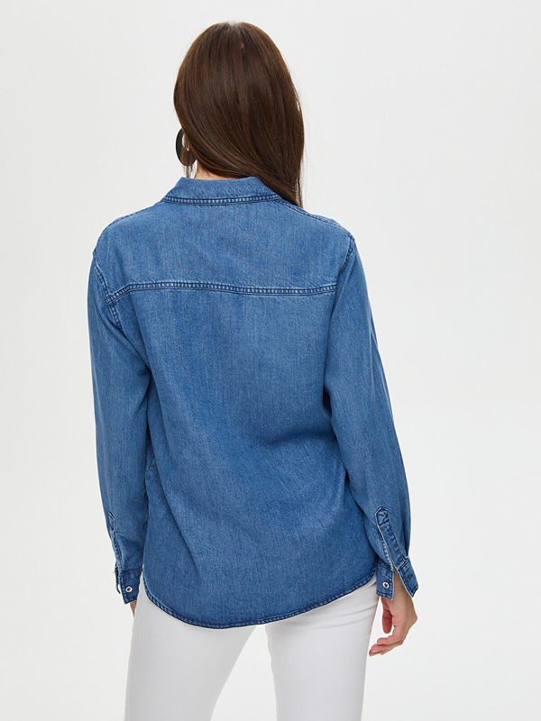 Faik Sönmez Oversize Denim Gömlek - Uzun Kol Minimalist Tarz Kadın