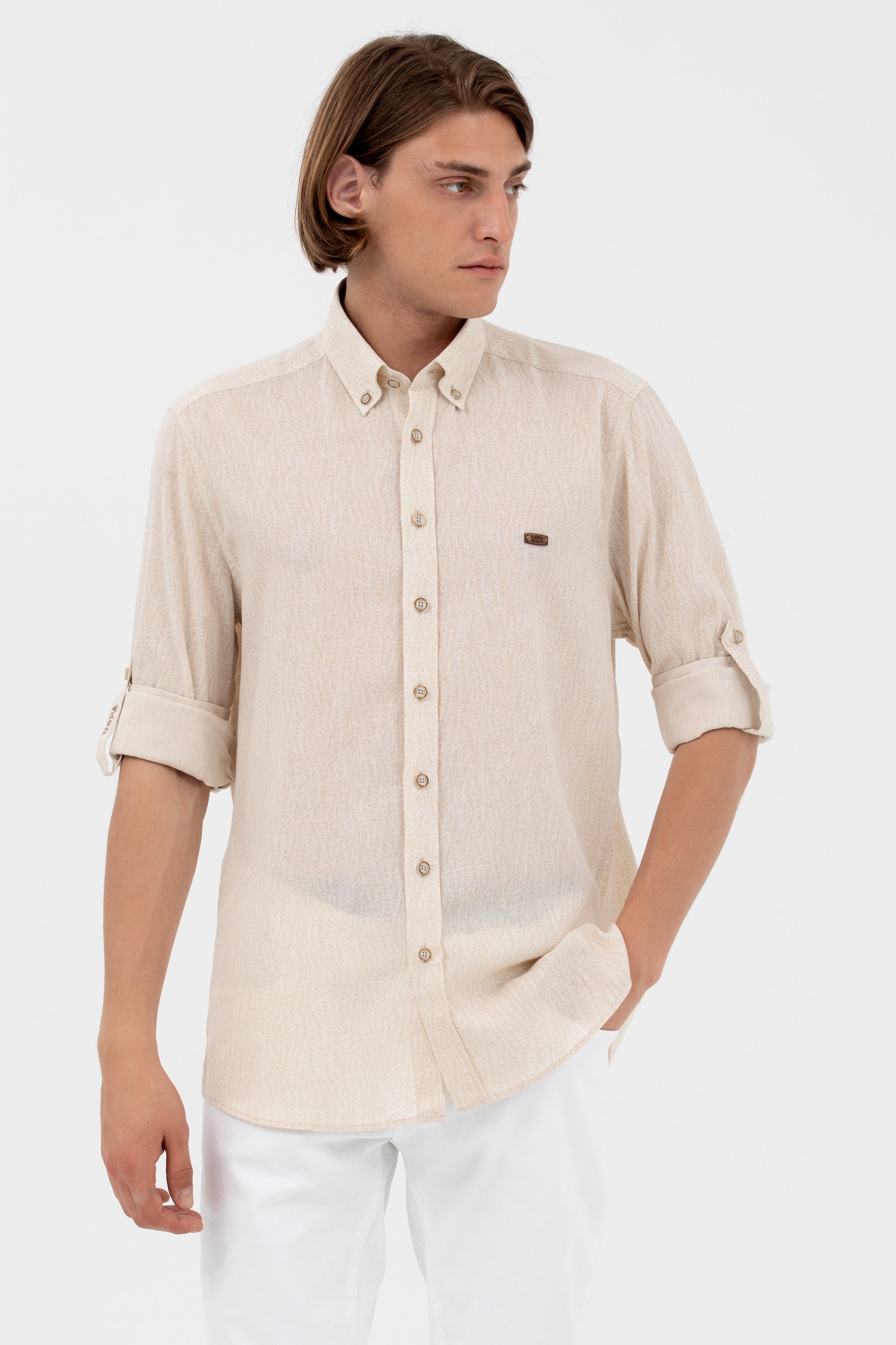 U.S. Polo Assn. Erkek Keten Gömlek - 3/4 Kol, Gömlek Yaka, Regular Fit
