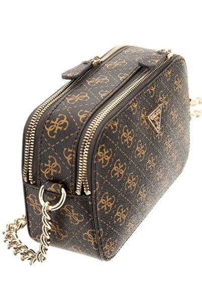 Guess Kadın Monogram Desenli Çapraz Askılı Omuz Çantası Fermuarlı Zincir Detaylı