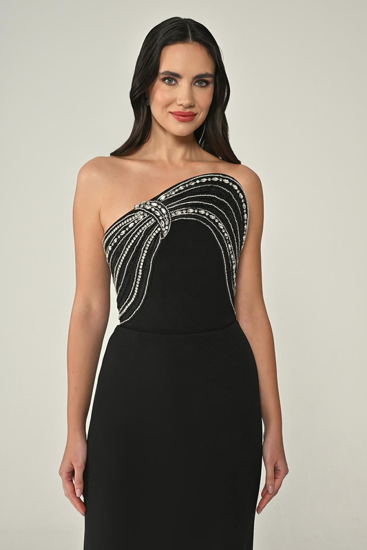 Halter Yaka Boncuklu Krep Midi Abiye Elbise Alfa Beta