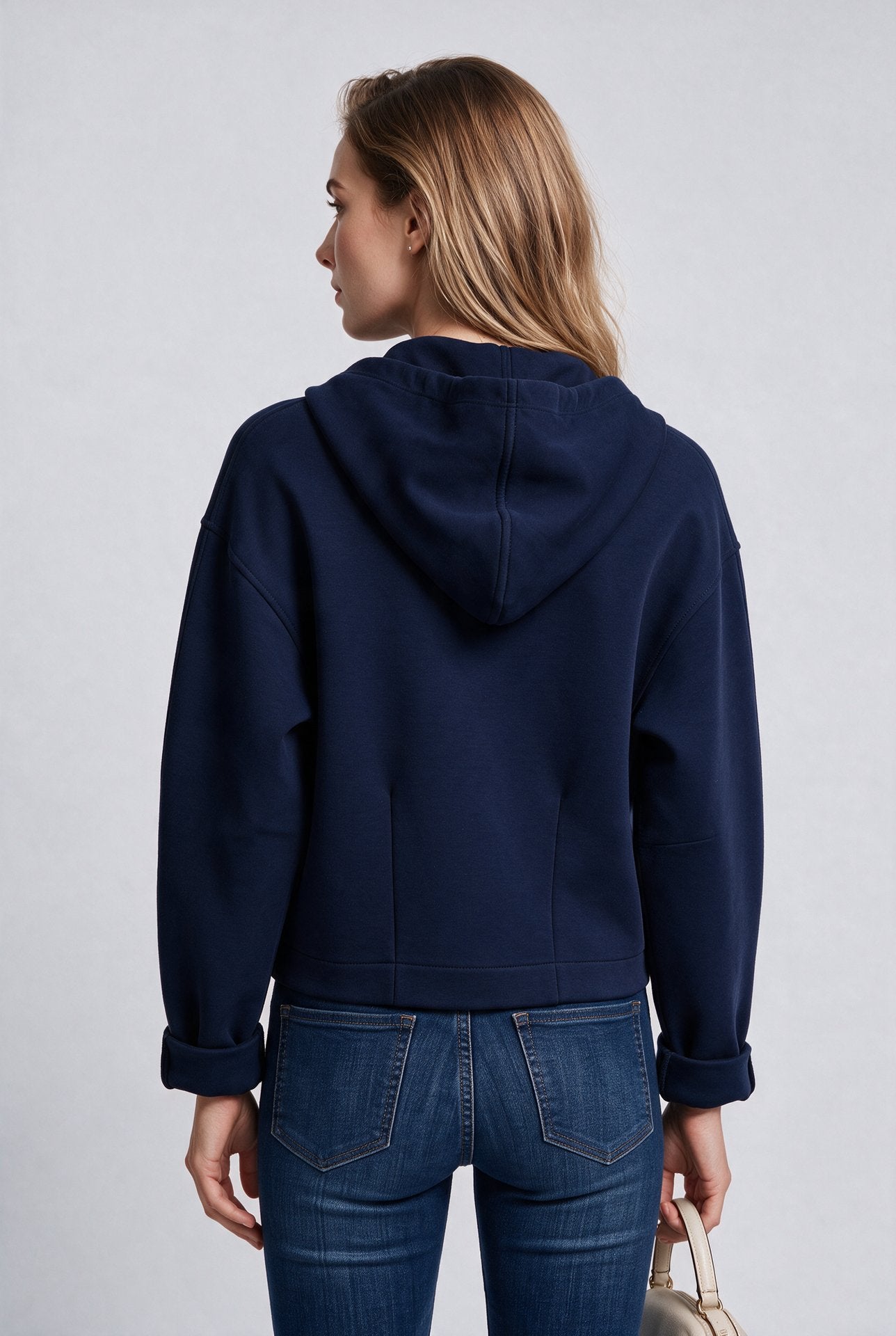 Bsb Kadın Kapüşonlu Fermuarlı Kısa Sweatshirt Hırka Kristal Taş İşlemeli İpli İkincil görsel