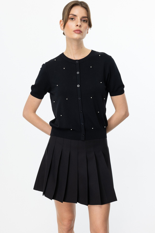 On Minimalist İnci Detaylı Kısa Kol Kadın Bluz - Günlük & Özel Gün