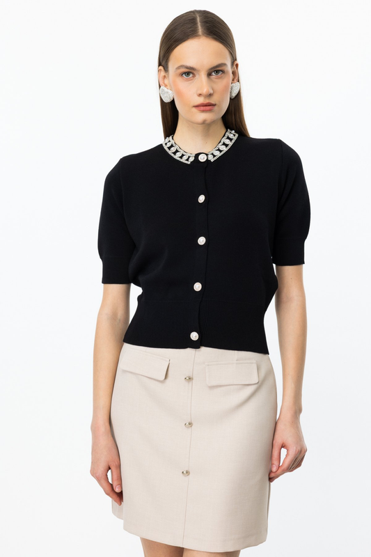 On Minimalist Kadın Hırka - Kısa Kol Taş Detaylı - Crop